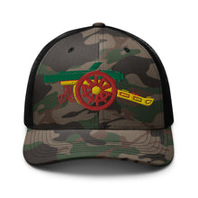 Load image into Gallery viewer, Arsenal FC Cannon Emroidered  - Gooner Rasta flag colours - Camouflage trucker hat - base ball style
