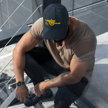 Load image into Gallery viewer, Arsenal FC Cannon in Navy with yellow Embroidered Distressed Dad Hat
