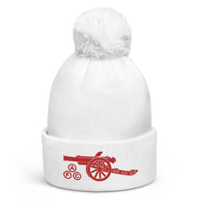 Load image into Gallery viewer, Arsenal AFC Cannon Embroidered White Pom pom beanie with red arsenal AFC Cannon
