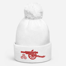 Load image into Gallery viewer, Arsenal AFC Cannon  Embroidered White Pom pom beanie with red Arsenal AFC Cannon
