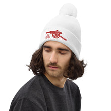 Load image into Gallery viewer, Arsenal AFC Cannon  Embroidered White Pom pom beanie with red Arsenal AFC Cannon
