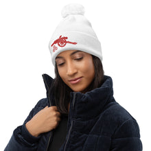 Load image into Gallery viewer, Arsenal AFC Cannon  Embroidered White Pom pom beanie with red Arsenal AFC Cannon
