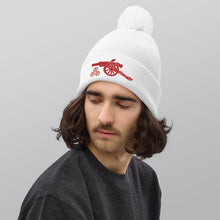 Load image into Gallery viewer, Arsenal AFC Cannon  Embroidered White Pom pom beanie with red Arsenal AFC Cannon
