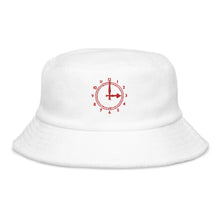 Load image into Gallery viewer, White Terry cloth bucket hat with Arsenal FC Clockend Clock Embroidered in Red
